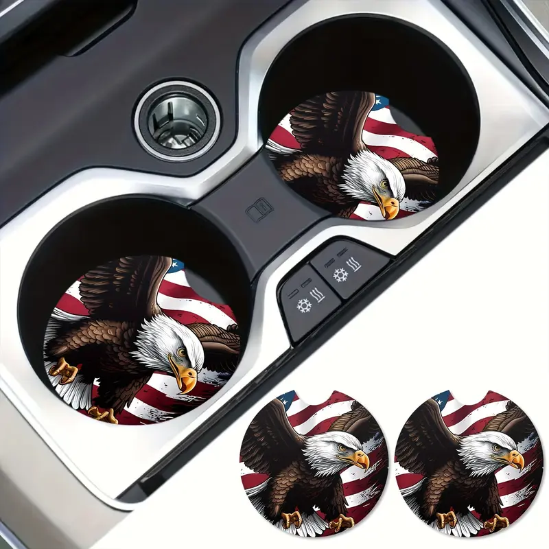 2-Pack Non-Slip American Bald Eagle Car Cup Holder Coasters - Universal Drink Absorbers for Car Accessories