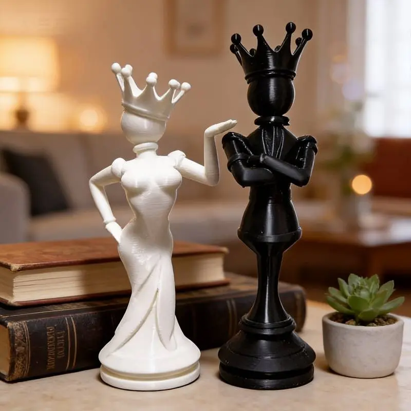 2pc Chess King and Queen Statue Set, and Chess Couple Statues, Home Office Desk Decor, Gift for Chess Lovers and Couples