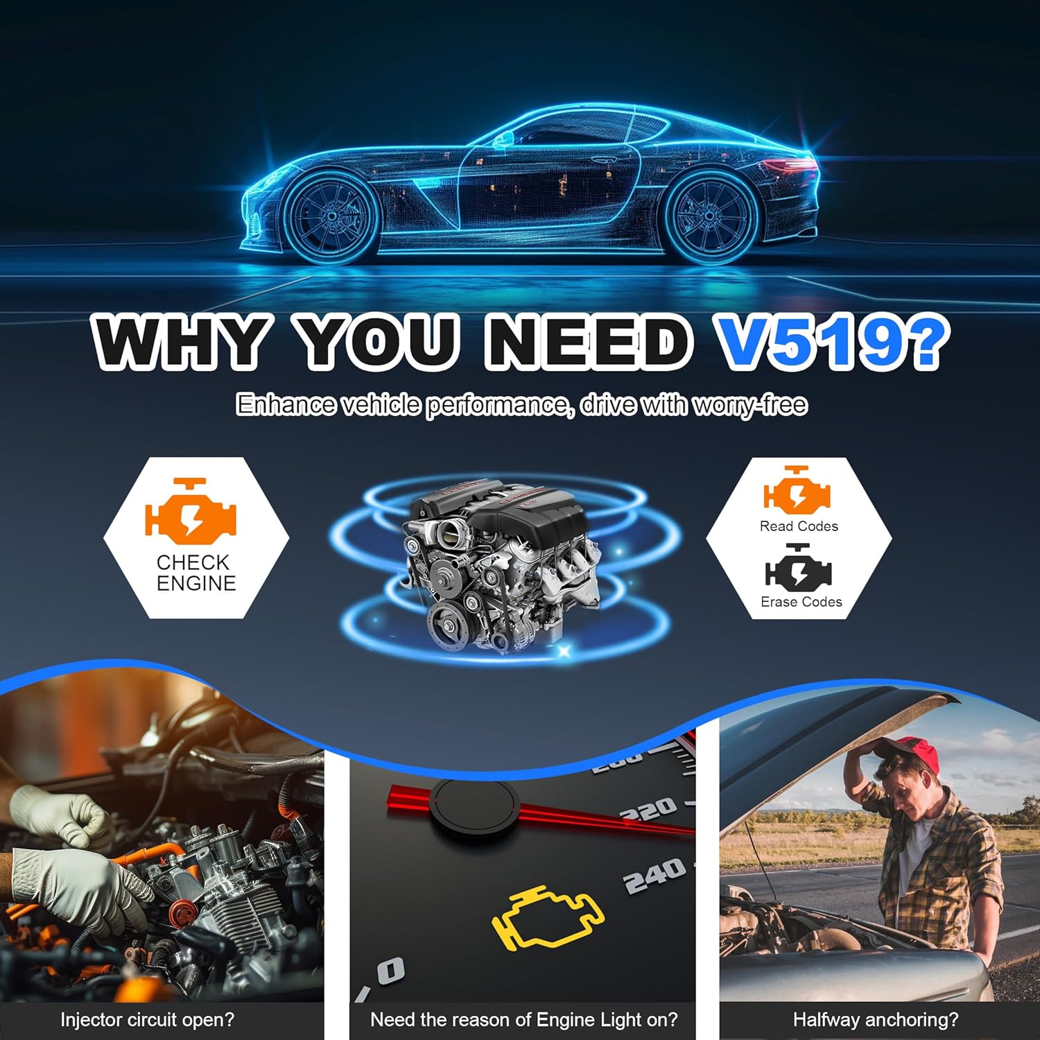 OBD2 Scanner Tool, Upgraded V519  Code Reader for Check Engine Light Clear Fault Codes, Live Data Professional OBDII Scan Tool for 1996 OBD2 Protocol , Blue