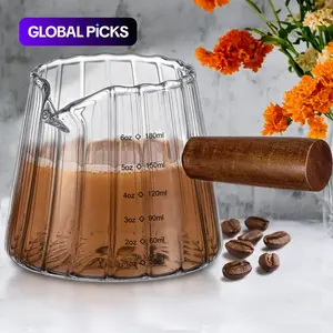 6 oz/180 ml Espresso Shot Glass with Wooden Handle, Espresso Accessories, Single-Spout Milk Frother Measuring Cup with Clear Scale, Heat-Resistant Kitchen Measuring Utensil for Coffee, Milk, Tea and Syrup, Kitchenware, Measure Cups #GLOBAL PICKS