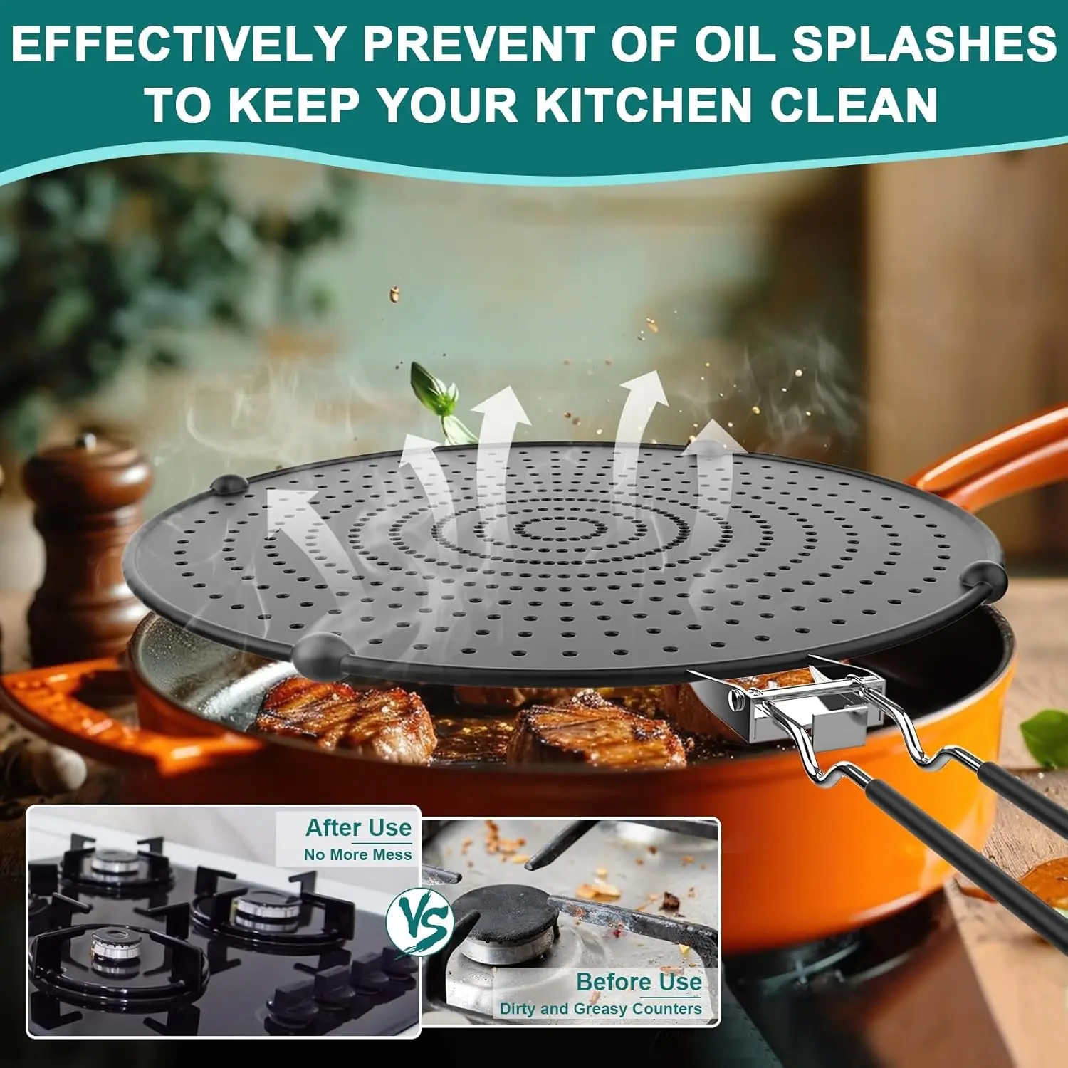 33cm/13inch Silicone Splatter Guard, Folding Handle Heat Resistant Oil Splash Screen, Ideal Anti-Spill Cover for Frying Pan