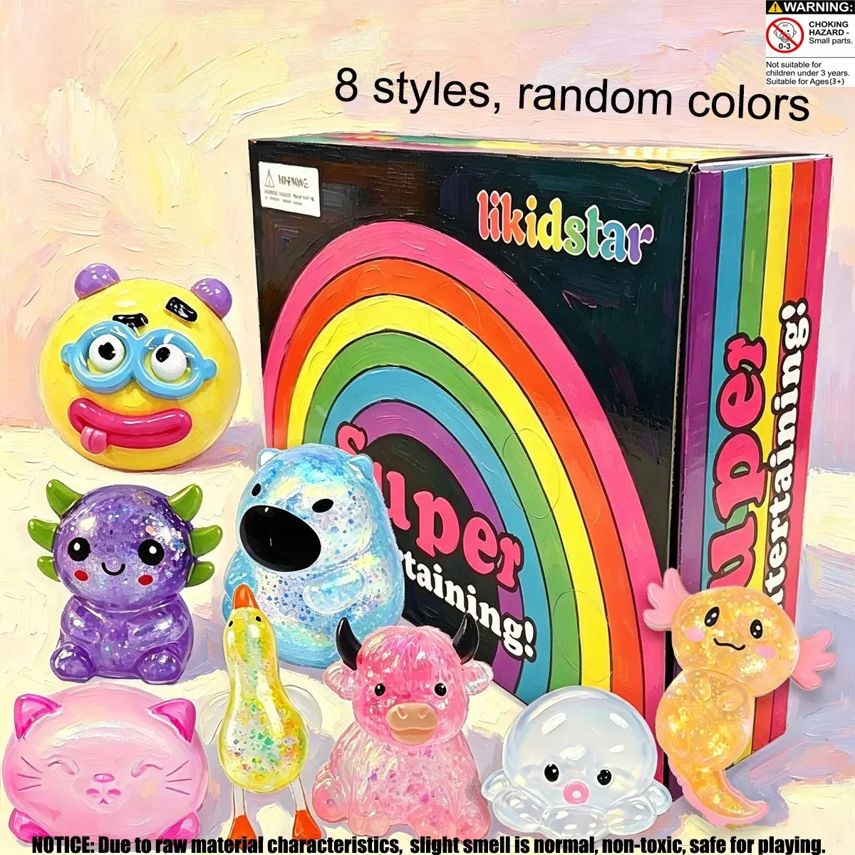 8pcs/set - Stress Relieving Sensory Toy Set, 8-piece Sensory Stress Squeezing Toy Set, Soothing Anxiety, Other Toys such as Baozi Dog/Octopus, Transparent Flash Stress Jelly Squeezing Ball Sensory Toy, Squishy Squeeze Ball