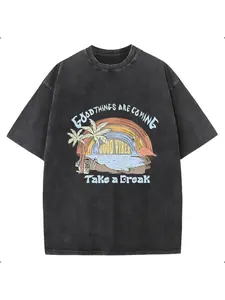 Vintage Washed Tropical Beach Flamingo Palm Tree Graphic T Shirt Good Vibes Summer Vacation Oversized Distressed Short Sle, Perfect Gift Cool Shirts,Graphic Washed Oversized Tees for Men & Women,Summer Round Neck Short Sleeve ,Sports Shirt,Workout T-shirt