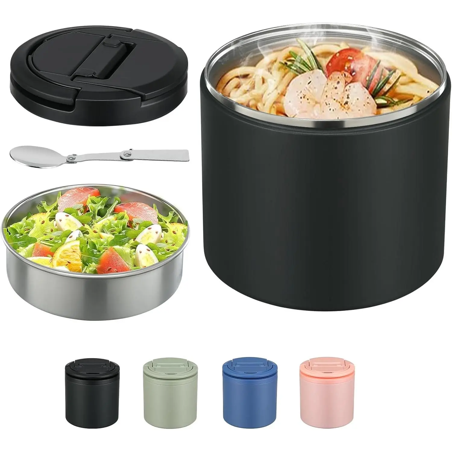 Soup Thermo for Hot  Adults 40oz Lunch Containers Wide, Thermo Insulated Containers Leak Proof Vacuum Stainless Steel With Carry Handle and Spoon  (black)