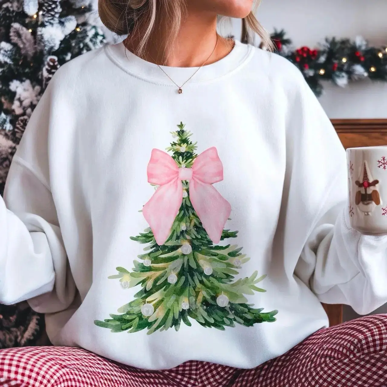 Printed Loose Oversized Crewneck Gym Top - Pink Christmas Tree Bow, Watercolor Design, Casual Chic Fit, Machine Wash Safe Sports Outerwear