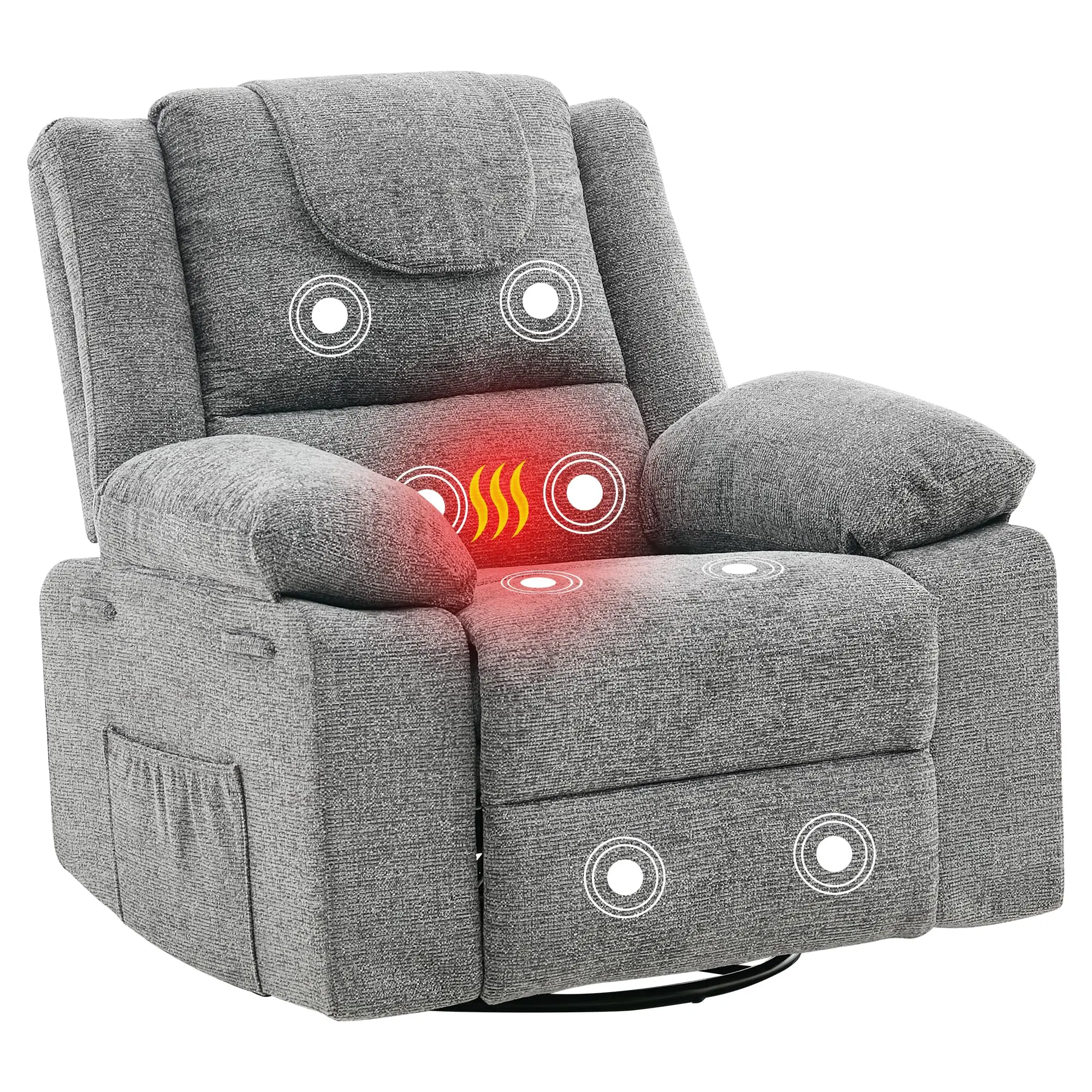 Oversized Massage Rocker Recliner Chair for Adults,360° Swivel Rock Recliner Chairs Single Sofa with Vibration Massage and Heating,Side Pocket for Living Room/Bedroom,Grey