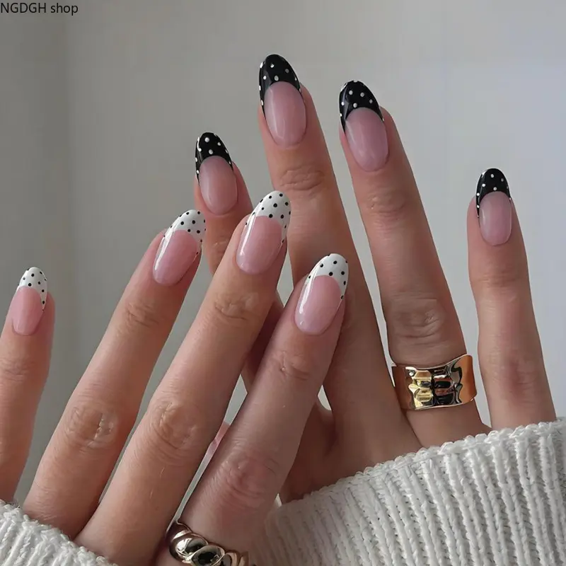 Nail Kit - French Tip Polka Dot Press On Nails Almond Pink Gradient Black White Dot Gel Fake Nails Reusable Glue On Set for Women Daily Party Trendy Style