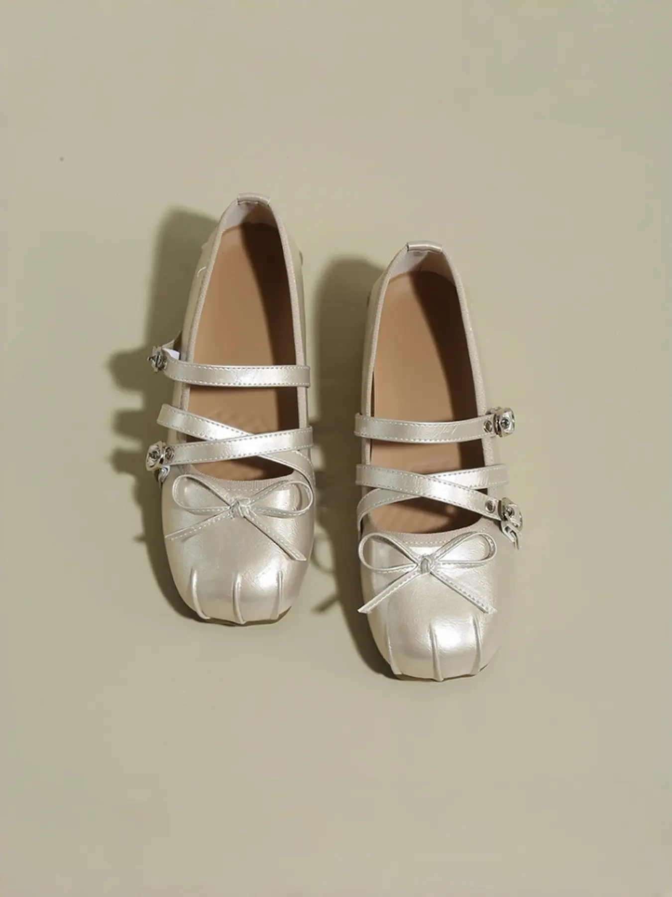 Women's French Champagne Mary Jane Shoes, 3D Bow Square Toe Vintage Fairy Style Flat Shoes