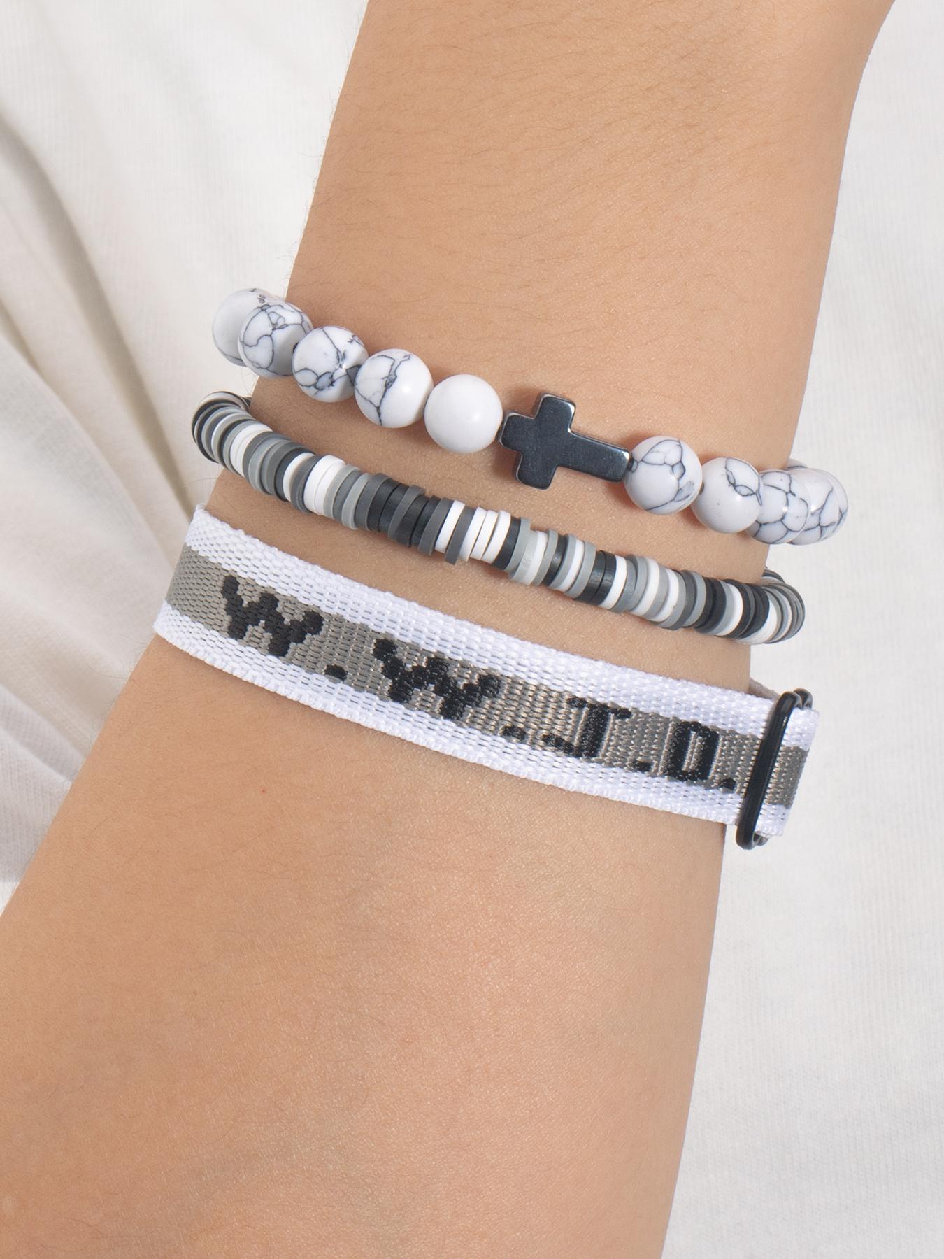 WWJD Beaded Bracelet, Fashionable Cross Charm Decor Bracelet for Women & Men, Trendy All-match & Exquisite Jewelry for Birthday Gift