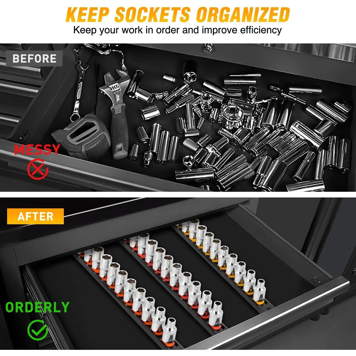 GOOACC Magnetic Socket Organizer Set - 3 Pieces Heavy Duty Aluminum Rails with 40 360° Swivel ABS Spring Clips, Removable Caps, 1/4", 3/8", 1/2" Inches Drive Holders to Organize Tools for Tool Box Drawer, Pegboard