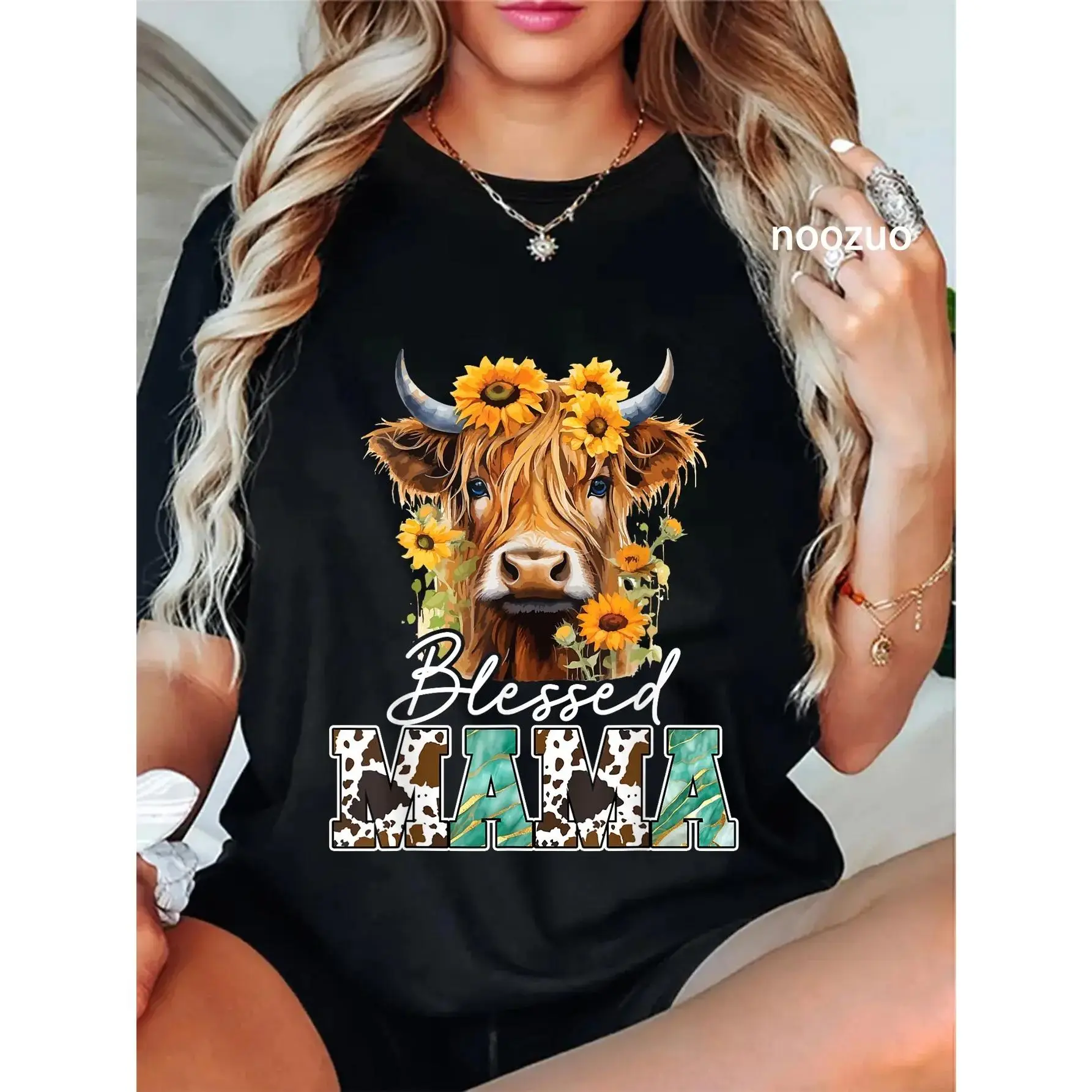 100% Cotton Blessed Mama Highland Cow Sunflowers Mothers Day Caring T-Shirt