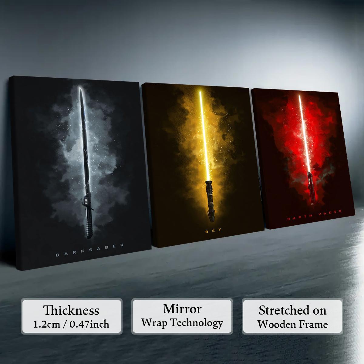 Wooden Framed Canvas Painting, 3 Counts/set Lightsaber Pattern Artistic Wall Art Poster, Home Decor Poster for Living Room Bedroom Office