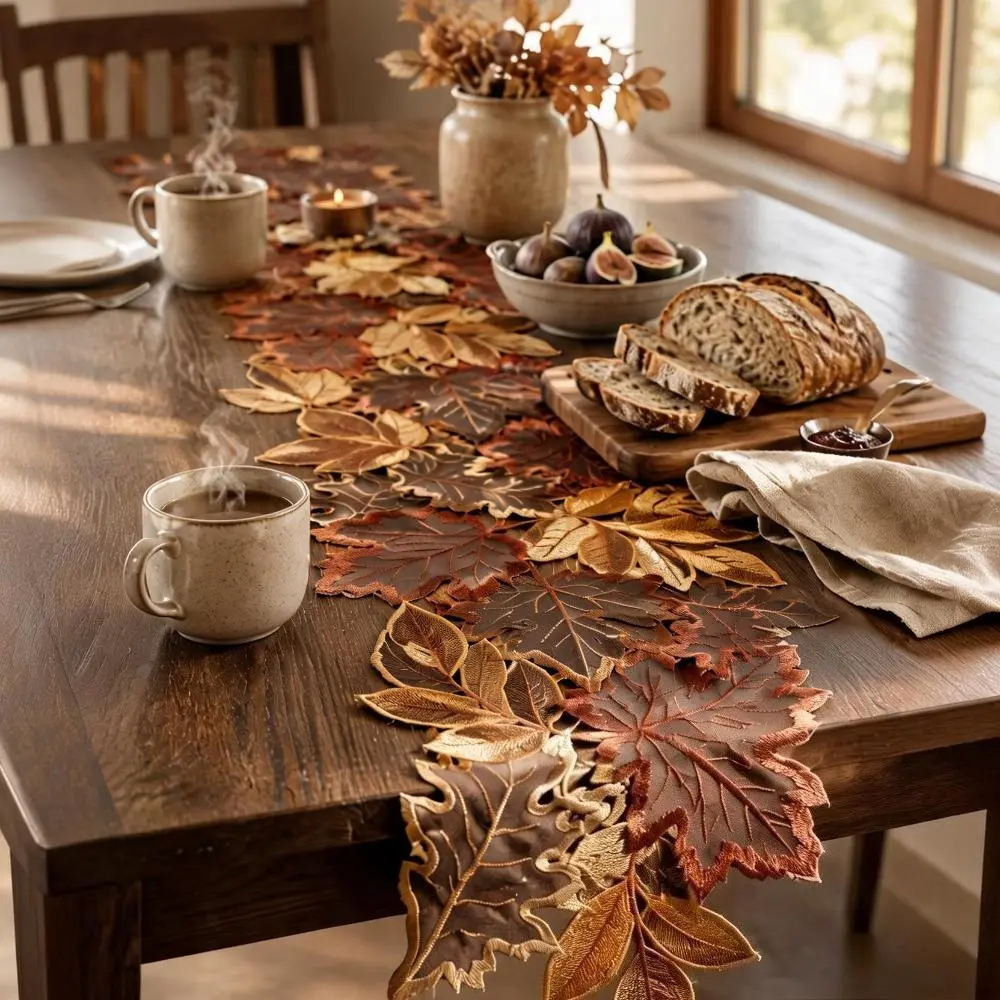 【AUTUMN NEW ARRIVALS】Fall Maple Leaf Embroidered Table Runner Cutwork Autumn Harvest Table Scarf Thanksgiving Harvest Home Decor