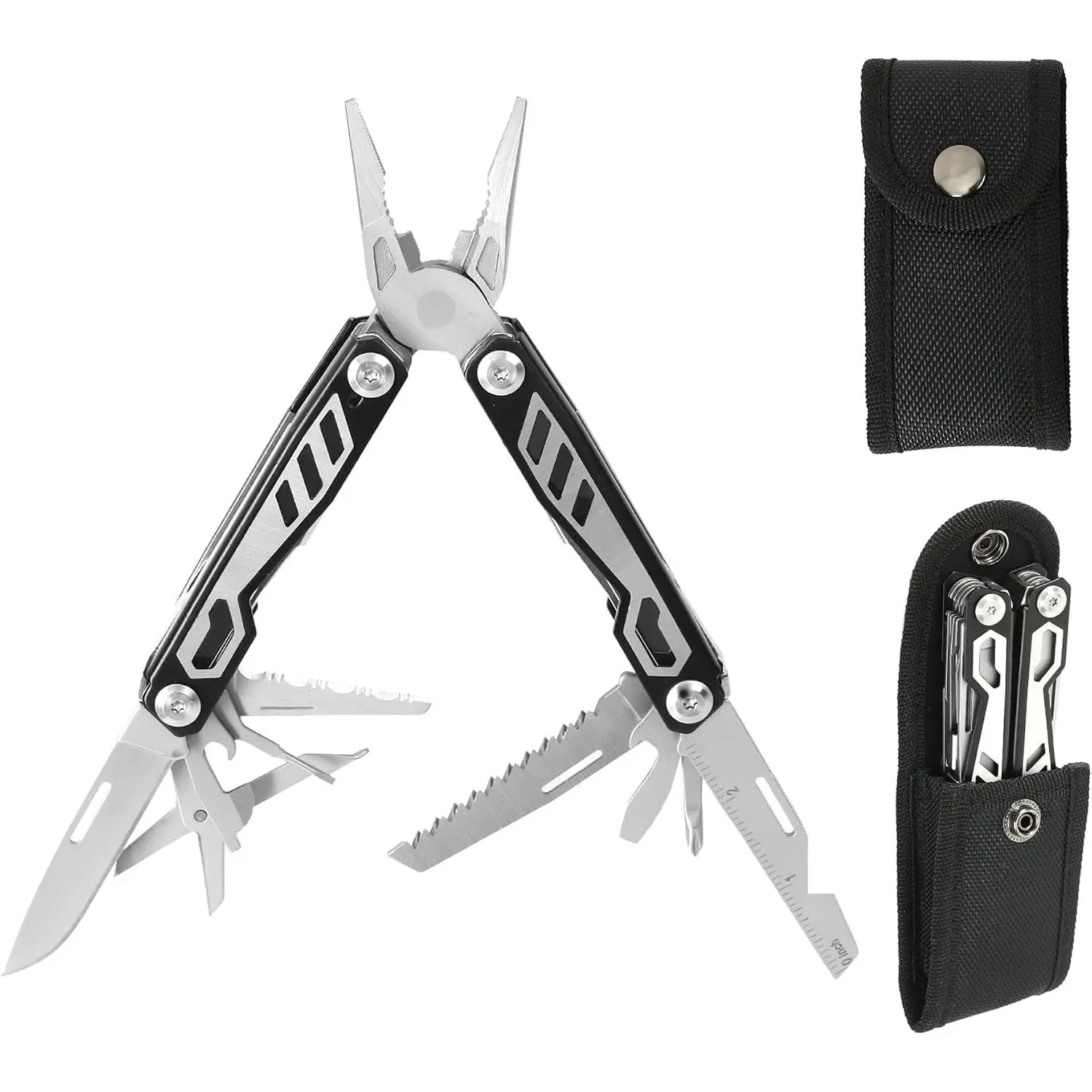 16-in-1 Compact Multitool, Full-Size, Multi Tool for DIY, High-Grip Black Handle - EDC/Hiking/Garden Essential/Outdoors