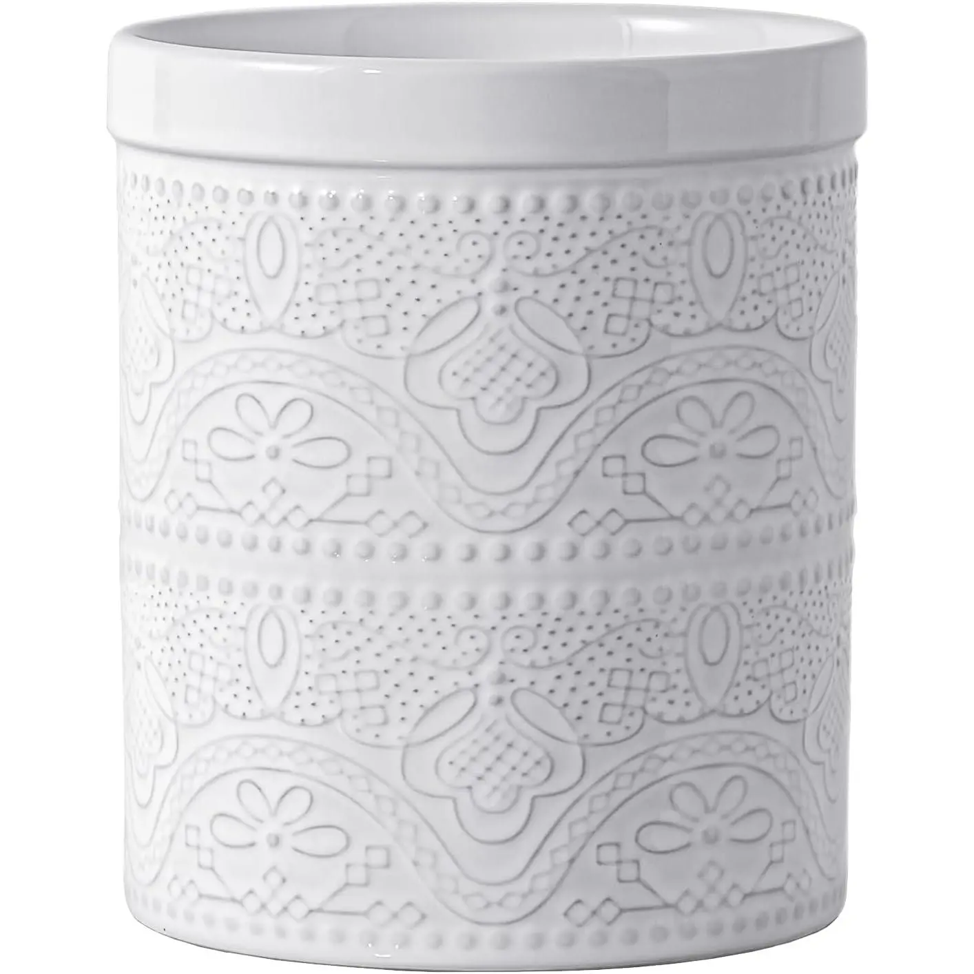 7.2" Super Large Heavy Stable Lace Emboss Ceramic Utensil Holder Crock for Kitchen Counter, Bright White