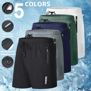 Men's Lightweight 5-Piece Plain Running Shorts - Lycra, Adjustable, Loose-Fitted, Technical, Reflective Strips, Zippered Storage Pockets, Breathable Air Vents, High-Quality Smooth Moisture-Wicking Fabric, for Jogging, Hiking, Street Wear, Lycra Men's Shor