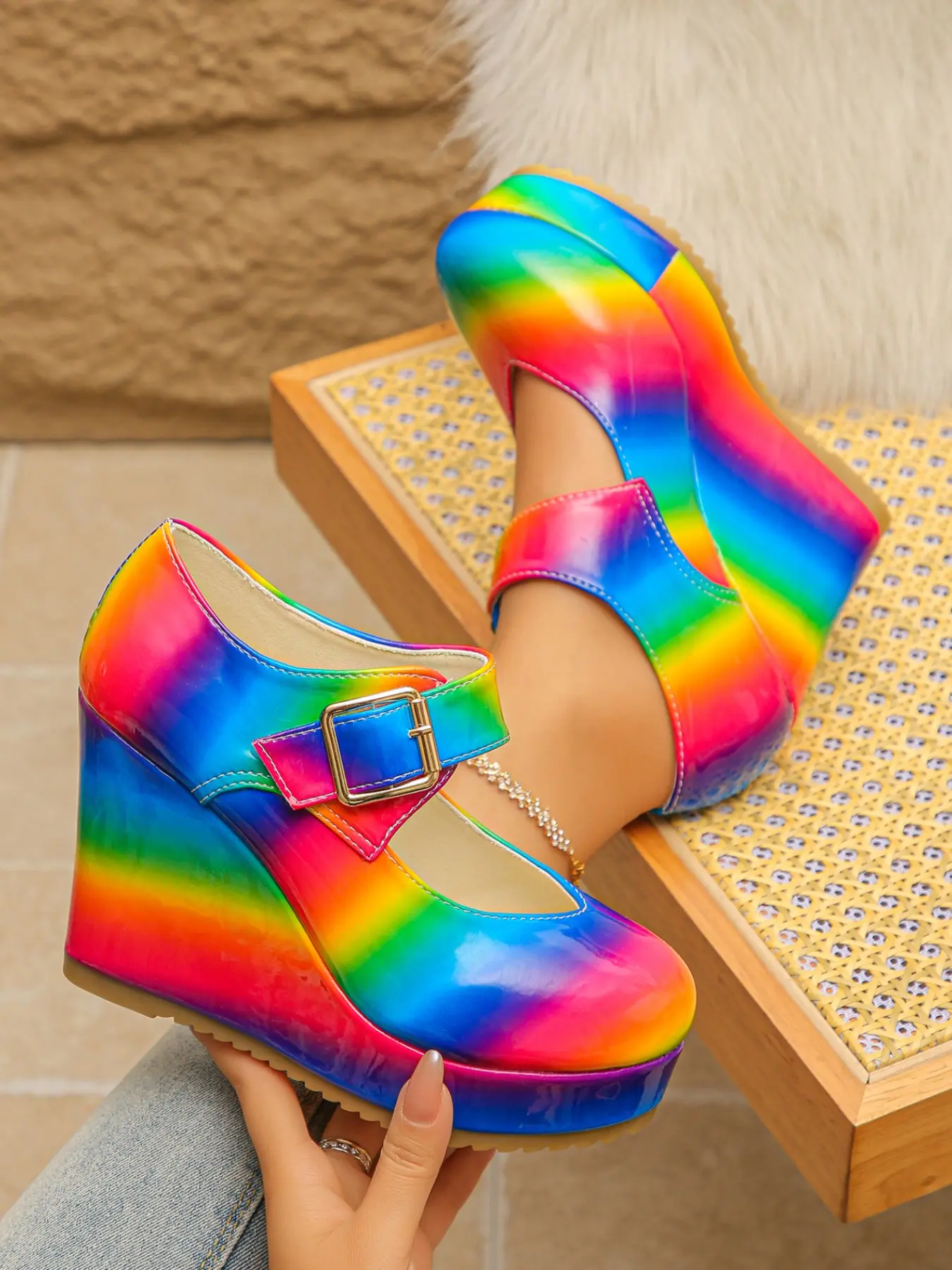 Women's Trendy Rainbow Glossy Block Heel Mary Jane Shoes, Buckle Thick Sole Waterproof Platform High Heels, Party Stage Large Size Fashion Sandals