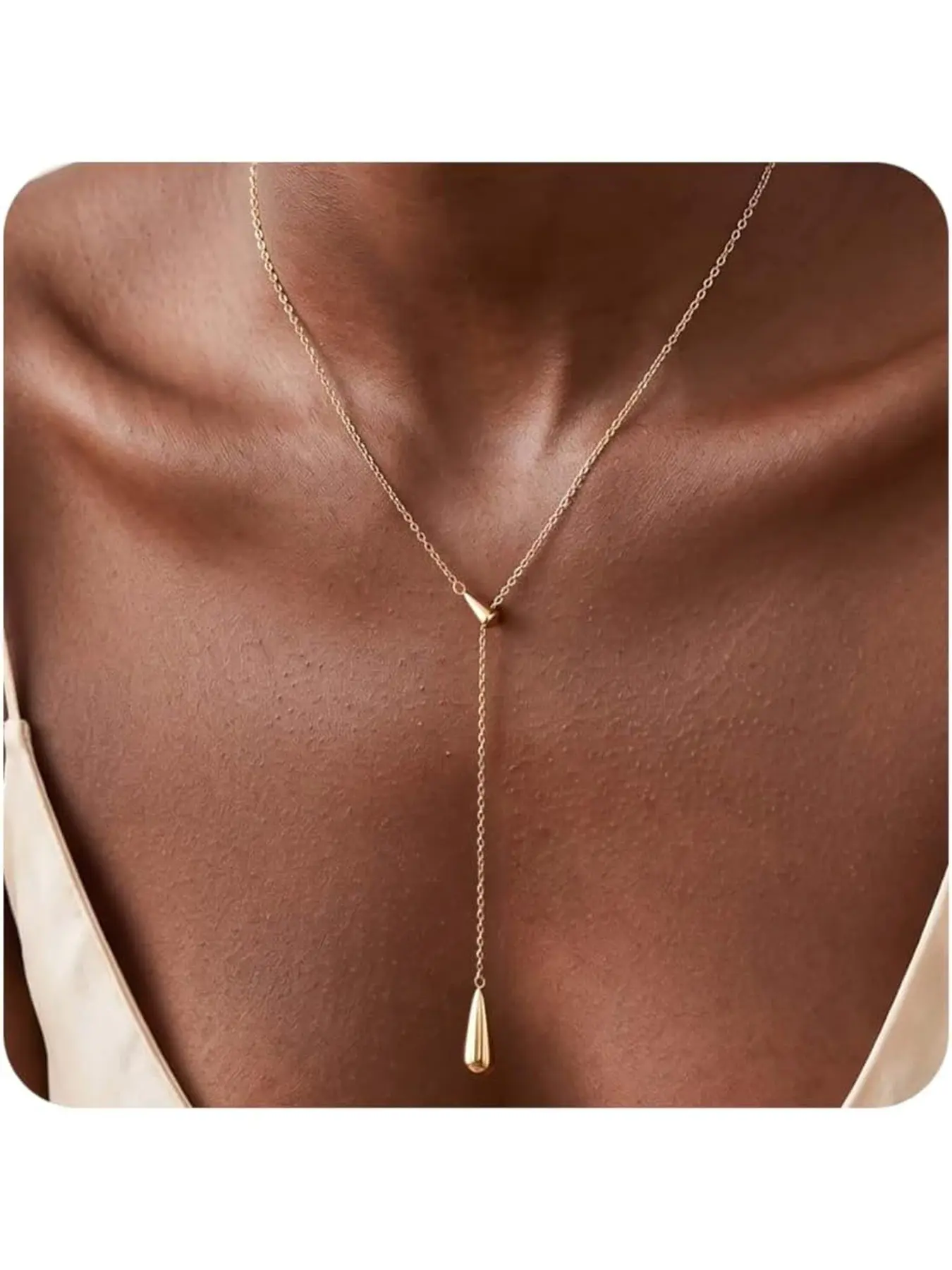 Lariat Golden Necklace for Women, Dainty Drop Y Necklace, Non Tarnish Long Layered Beaded Chain Lariat Necklace Prom Jewelry Summer Vacation Gift for Her