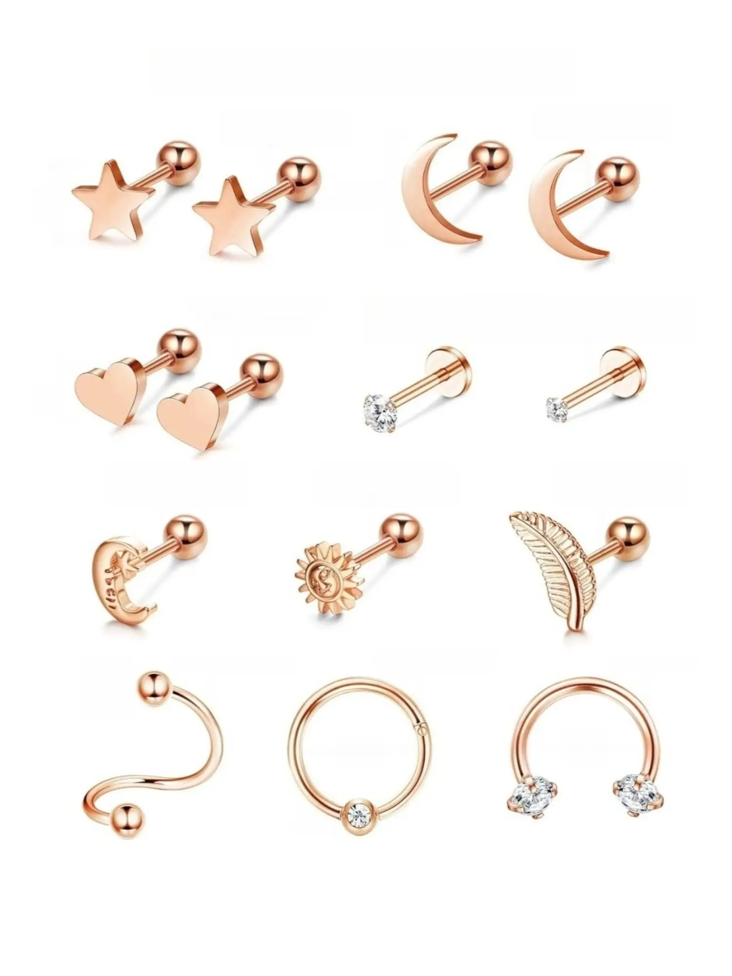 14 Pcs Rose Golden Varied Tiny Flat Screw-Back Cartilage Stud Earring Bundle for Unisex Soft Cute Daily Multi-Piercing Styling Warm Blush Hypoallergenic Stainless Steel Ear Bone Piercing Assortment Star Charms Compact Solid Smooth Heart Pendants