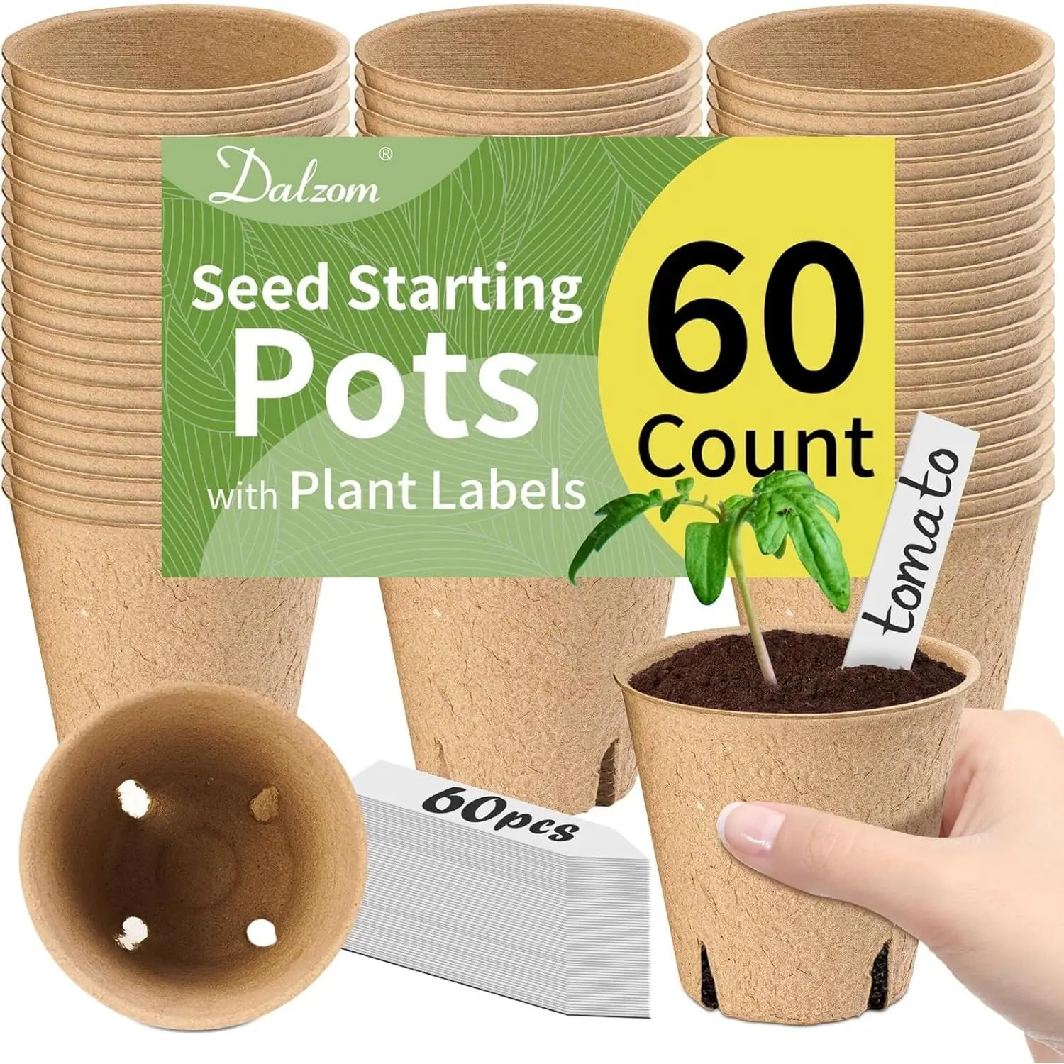 60Pcs 3.1” Peat Pots with 60Pcs Plant Labels, Biodegradable Pots for Seedlings with Drainage Holes, Garden Plant Nursery Pots Seed Starting TraysGift