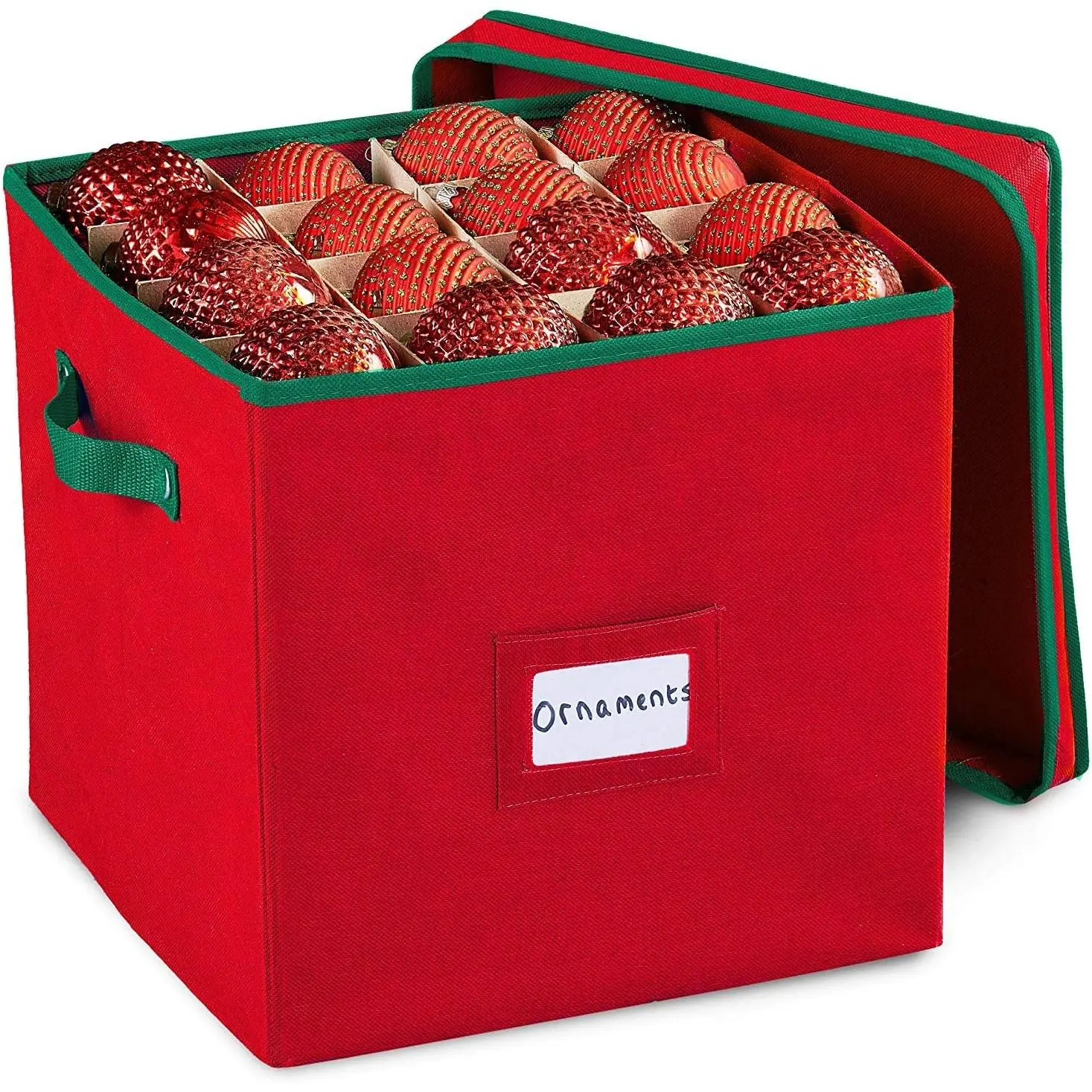 Durable Non-Woven Christmas Ornament Storage Box with Removable lid, Stores up-to 64 Standard Holiday Ornaments & Xmas Decorations For Seasons To come - 12 x 12 Inch 4 Layer Ornament Storage Container