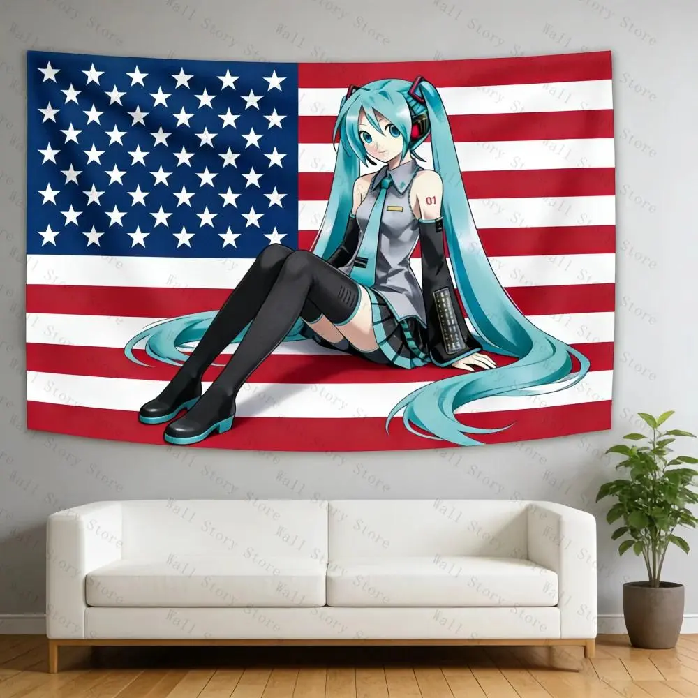 Kawaii Hatsune Miku Anime Flag Tapestry, Vocaloid Starry Blue Wall Banner Background, Otaku Dorm Room Decor, Manga Fan Gift, Girls Bedroom Bedside Hanging Decor