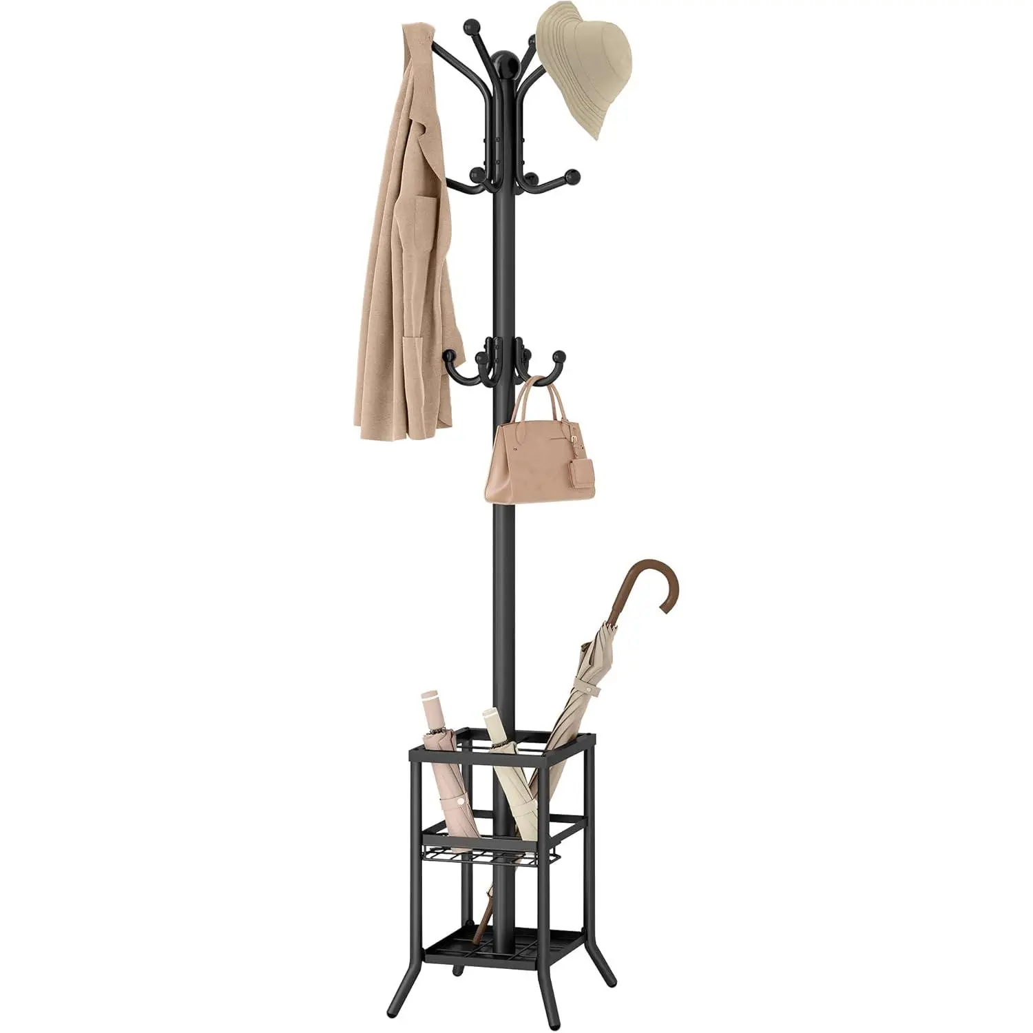 Coat Rack Freestanding,Coat Rack Stand with Umbrella Holder,Metal Coat Tree with 12 Hooks,Tree Clothes Hat for Entryway, Hallway, Bedroom, Living Room & Office -Black