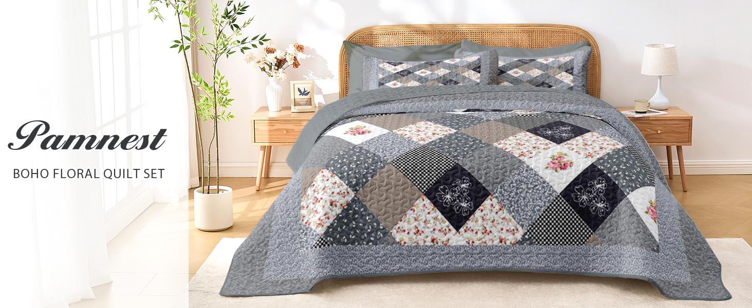 Patchwork Set Queen Size, Floral Rustic 3 Pcs Soft Bed Cover Bedding Set, Boho Flowers Lightweight Bedspread Coverlet with 2 Pillow Shams for All Season