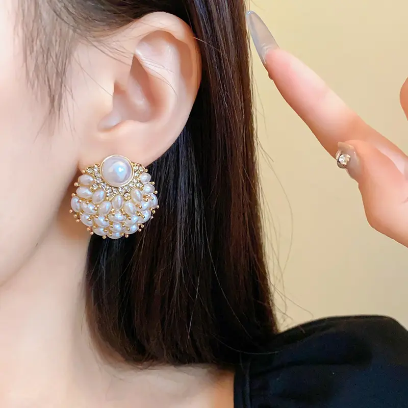 Women's Large Size Baroque Pearl Stud Earrings - Vintage Multi-Layer Cluster Dangle, Luxury Rhinestone Accents, Copper Base Costume Jewelry, Wedding Gifts for Women