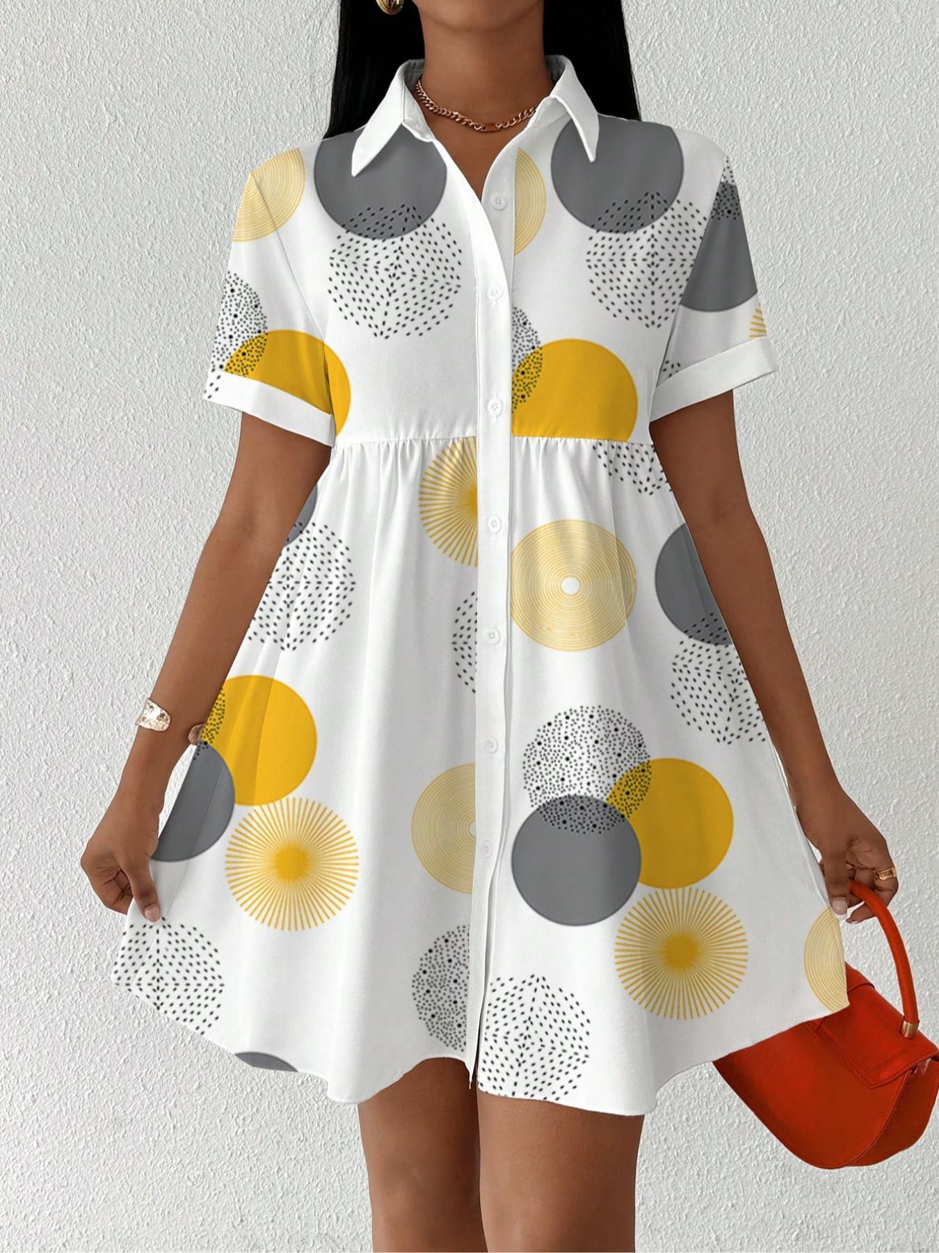 【Plus Size】 All Over Print Shirt Dress, Casual Short Sleeve Collared Dress for Summer, Women's Clothes for Daily Wear