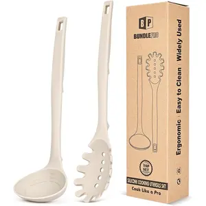 Silicone Pasta Fork and Soup Ladle Set, Heat Resistant Non Stick Kitchen Utensils with Back Hooks, Suitable for Cooking, Stirring, Serving Spaghetti, Soup, Sauce(KHAKI)