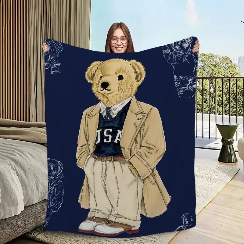 Preppy USA Polo Bear Flannel Blanket, Navy Background Gentleman Coat Teddy Bear Print Throw Blanket, Classic Fashion Bear Sofa Bed Blanket