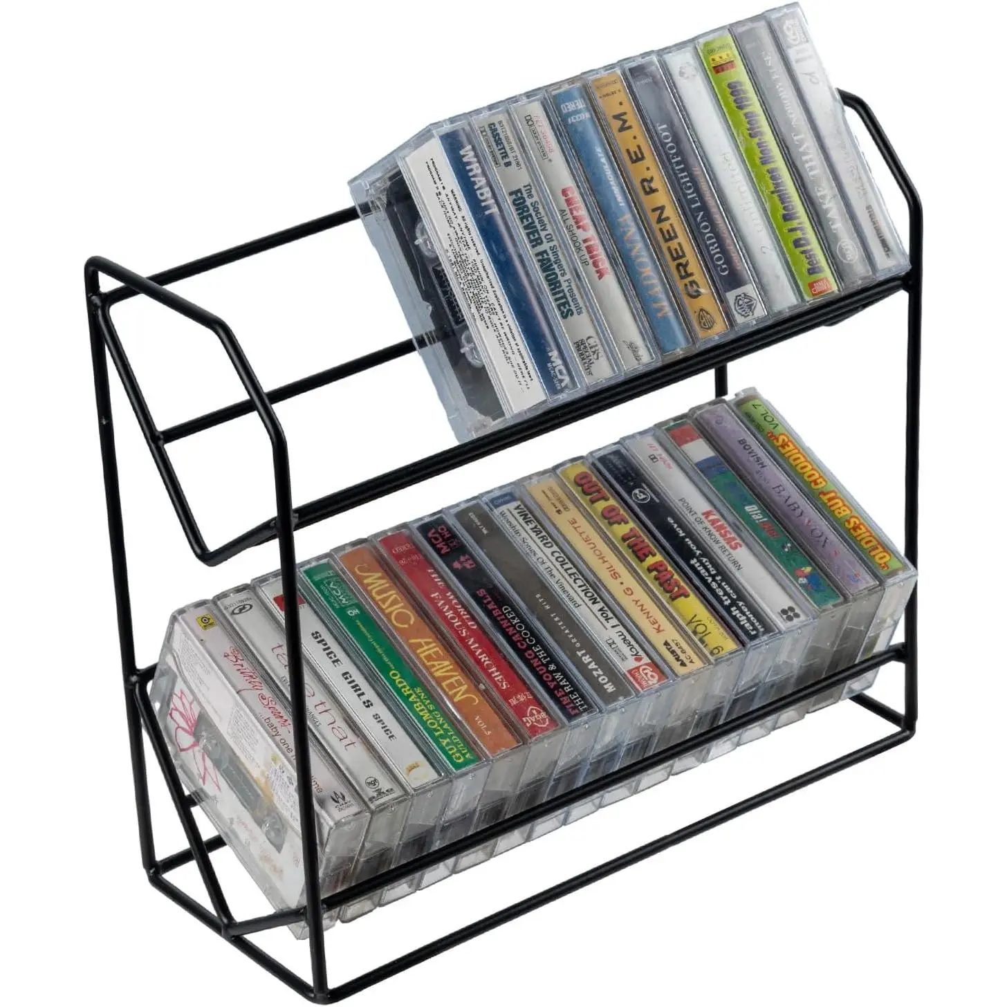 2-Tier Compact Open Cassette Tape Storage Rack - Industrial Look Matte Black Metal Wire Organiser, Cassette Hold and Display Stand for Home Organization