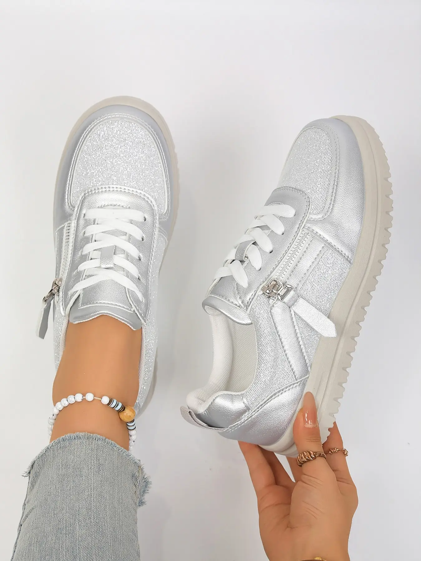 Bright Gold Sequin Mesh Thick Sole Casual Round Toe Walking Shoes, Side Zipper Lazy Commuter Height-Boosting Women's Sneakers, Comfortable and Stylish Footwear