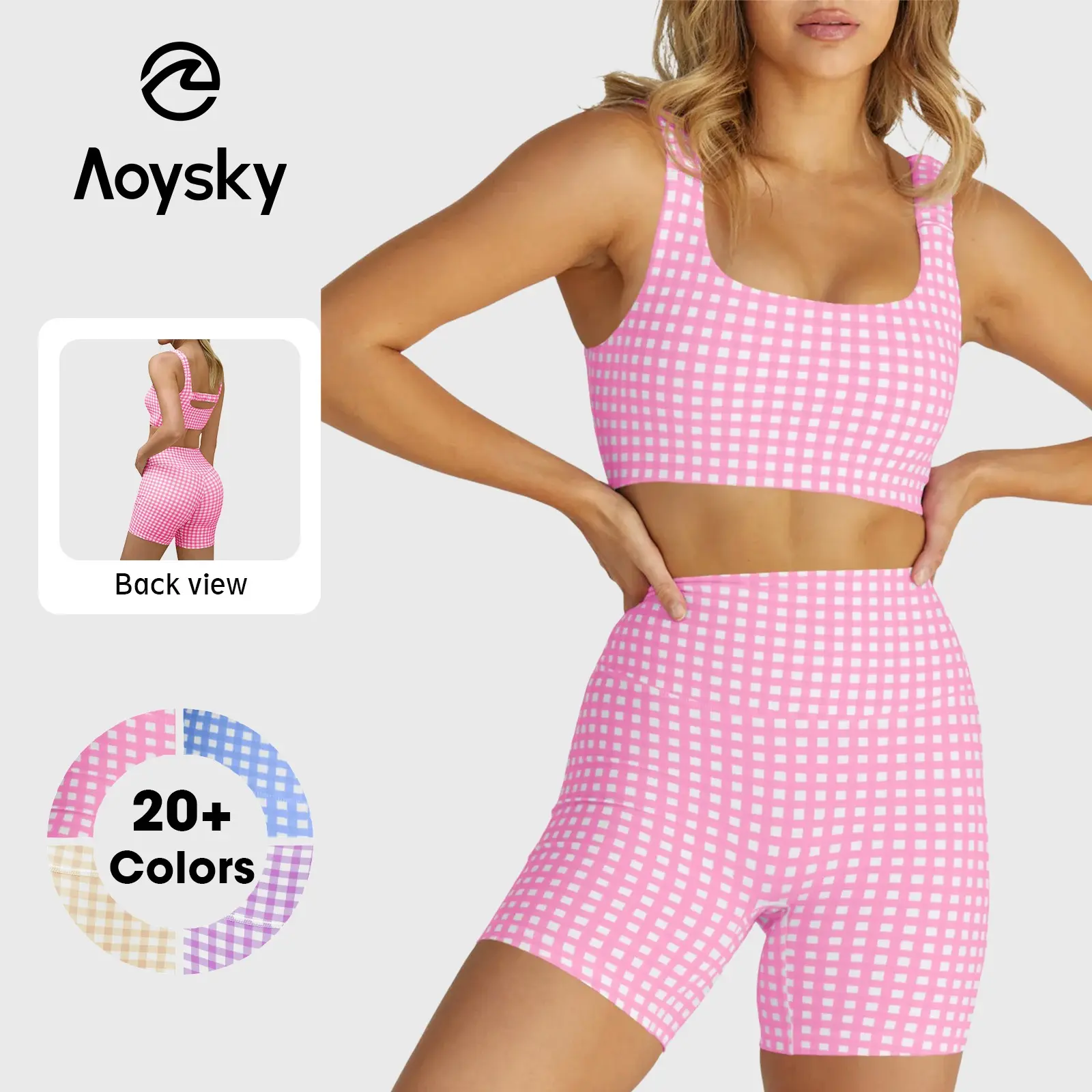 Aoysky Women's 2-Piece Sporty Chic Gingham Gym Set - Padded Open Back Crop Tank Top & High Waist Seamless Sports Shorts, Stretchy Athleisure Suit for Yoga (S-XXL) - Summer, Beach Vacation Outfits, Women's Bathing Suit Set, Workout Equipment