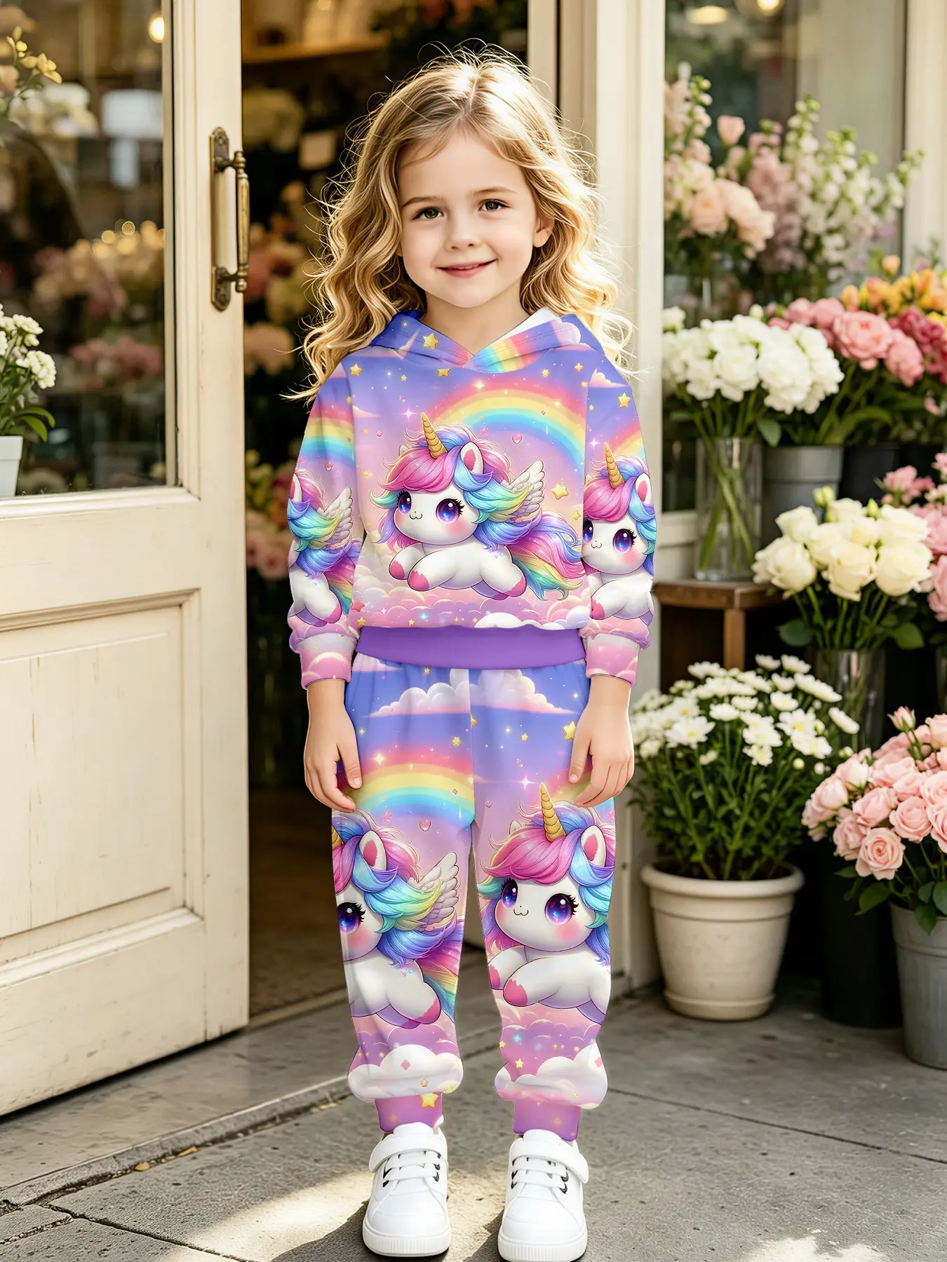 Girls' Rainbow Cloud Unicorn Hoodie Set, Cute Cartoon Full Print, Soft Loose Fit, Perfect for Parties, Christmas Gift, Ages 1-14