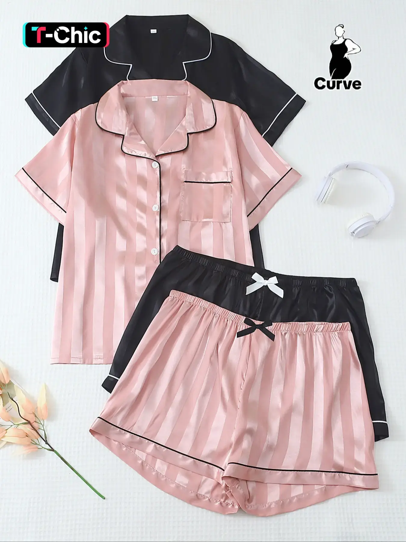 Women's Plus Size Striped Satin Summer Pajama Set, Casual Pajama Sets, Short Sleeve Lapel Top & Bow Shorts, Casual Home Wear, Loungewear, Pyjamas, Nightwear, Pjs, Pajamas Sets, Moderate Fabric Thickness