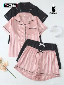 Women's Plus Size Striped Satin Summer Pajama Set, Short Sleeve Lapel Top & Bow Shorts, Casual Home Wear, Loungewear, Pyjamas, Nightwear, Pjs, Moderate Fabric Thickness