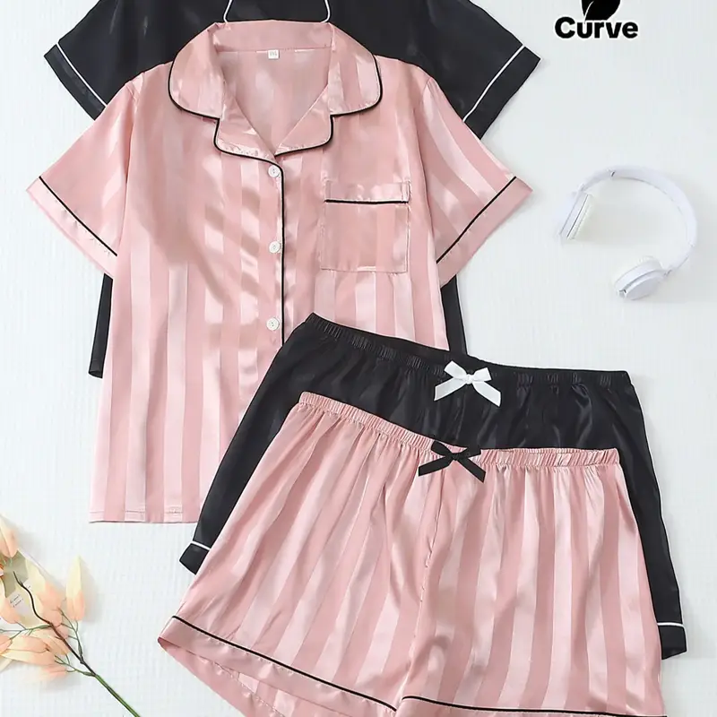 Women's Plus Size Striped Satin Summer Pajama Set, Casual Pajama Sets, Short Sleeve Lapel Top & Bow Shorts, Casual Home Wear, Loungewear, Pyjamas, Nightwear, Pjs, Pajamas Sets, Moderate Fabric Thickness