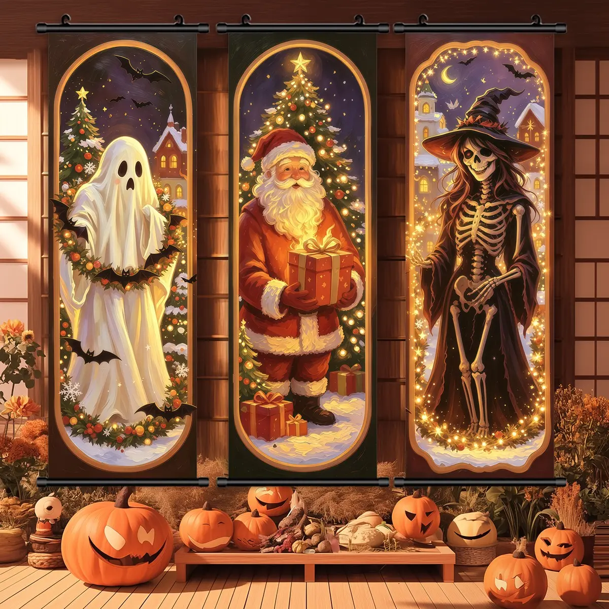 3 Count Halloween art, Christmas Halloween mix and match ghost Santa Claus triple poster, Halloween decoration hanging picture, retro horror theme, suitable for party, bedroom living room poster, fun canvas, delicate, HD, gift