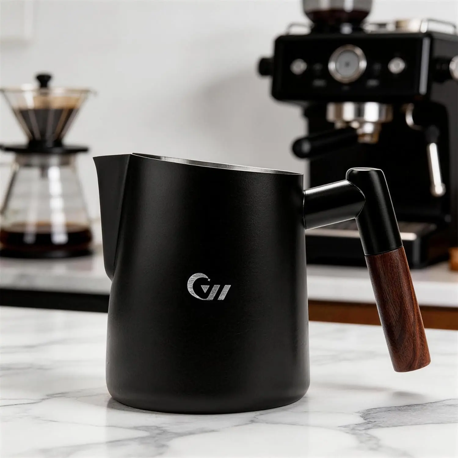 Milk Frothing Pitcher 304 Stainless Steel Espresso Steaming Pitcher for Cappuccino Latte Art 14 oz (420 ml) Milk Jug Coffee Frother Cup with Wooden Handle - Black