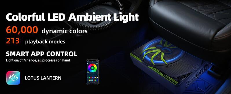 2025 1200W 10"Slim Car Underseat Bicycle stereoSubwooferFree shipping and Amp Package with Ambient Light, Individual Control for Low Pass/Gain/Boost Bass, High output surround vibration bass without distortion for Truck