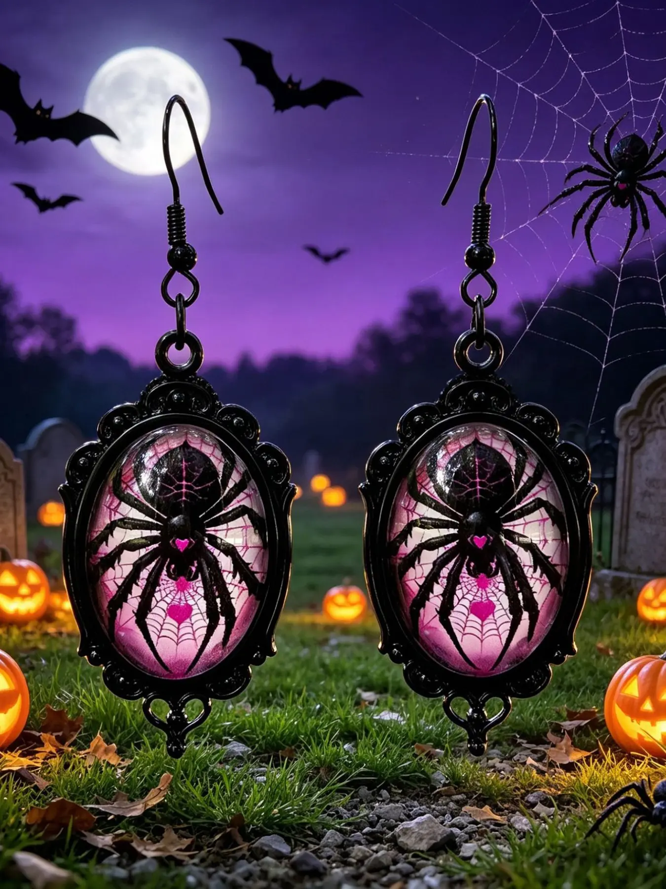 Spider Web Lace Design Oval Pendant Earrings, Casual Gothic Style, Halloween Jewelry, Unique Fashion Accessory for Women