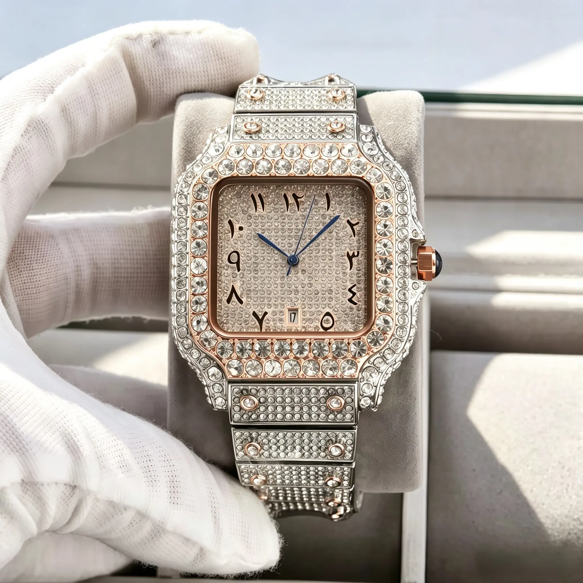 Men's Shiny Iced Out Square Rhinestone Watch - High Quality Waterproof Diamond Accent Mechanical Watch with Gold Silver Design, Elegant Light Luxury Business Party Timepiece, Rhinestones