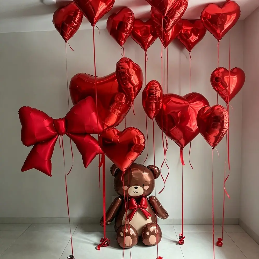Heart Aluminum Foil Balloon Set with Bow and Bear Balloons, Romantic Valentine's Day Wedding Anniversary Party Decorations