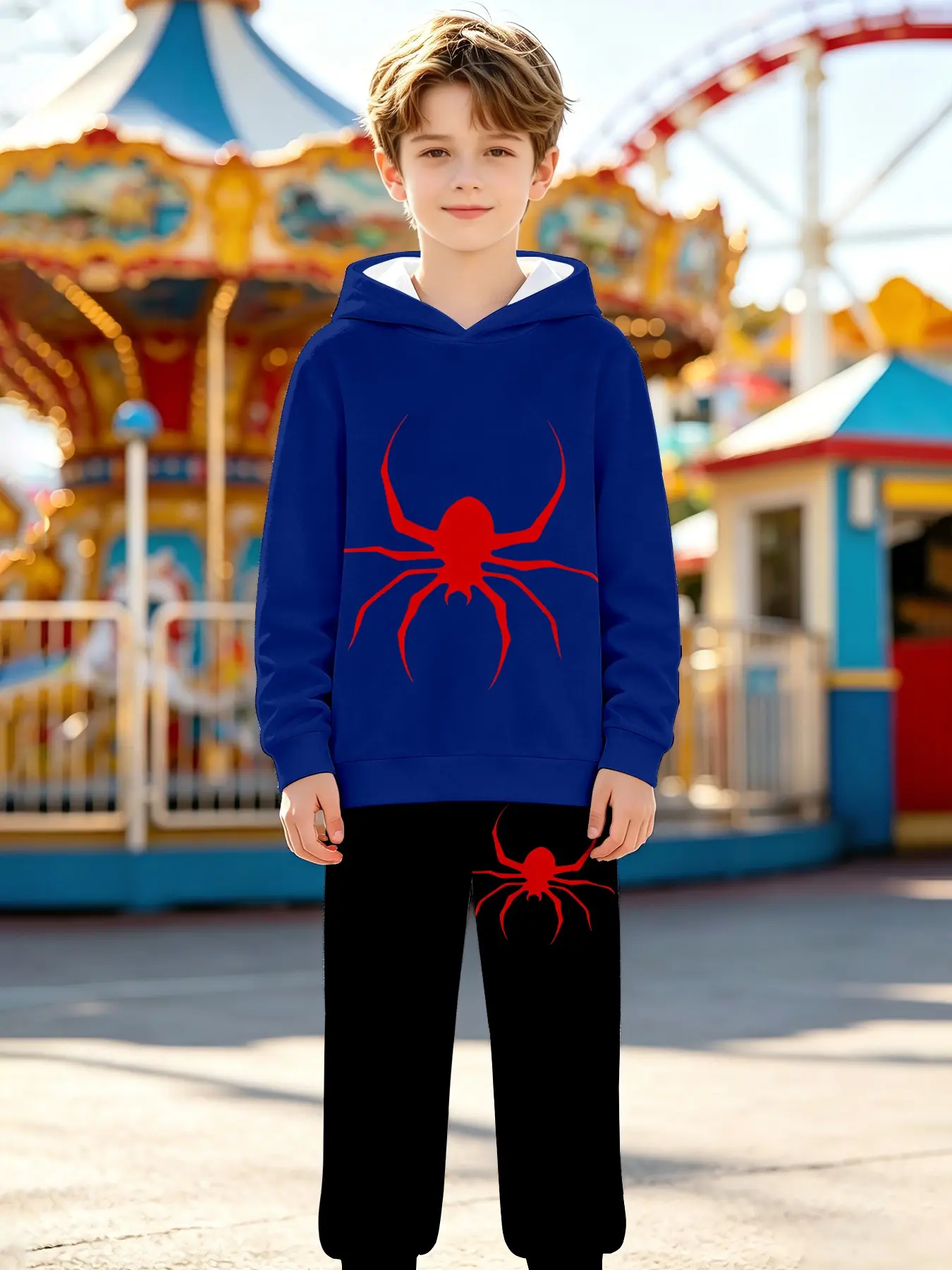 Unisex Blue Spider Shadow Hoodie Set, Kids' Trendy Two-Piece, Casual Long Sleeve Sweatpants, Loose-Fit Natural Waist