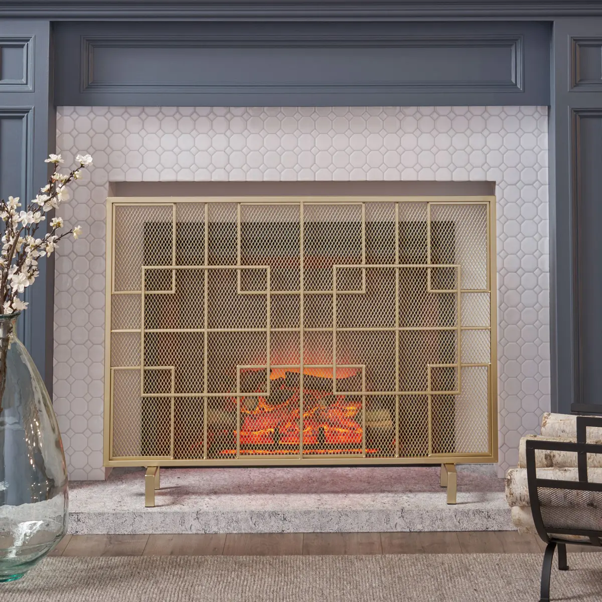 Christopher Knight Home® Iron Geometric Single Panel Modern Fire Screen - 30.75" H x 41.00" W x 8.00" D, Assembly Required, Offers Protection From Hot Embers
