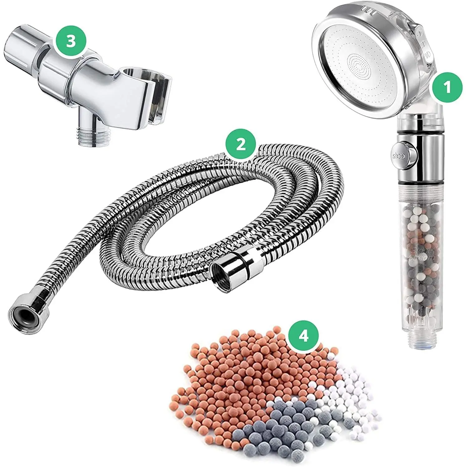 EcoPower High  Handheld Shower  with  OFF - 3  Settings with Hose, Wall Adapter and  Beads