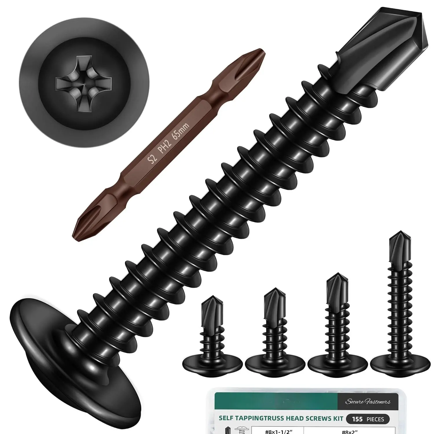Black Self Tapping Screws for Metal, 155 count #8 x 1/2", 5/8", 3/4", 1", 1-1/4", 1-1/2", 2", 410 Stainless Steel Truss  Sheet Metal Screws, Self-Drilling for Metal, Plastic and