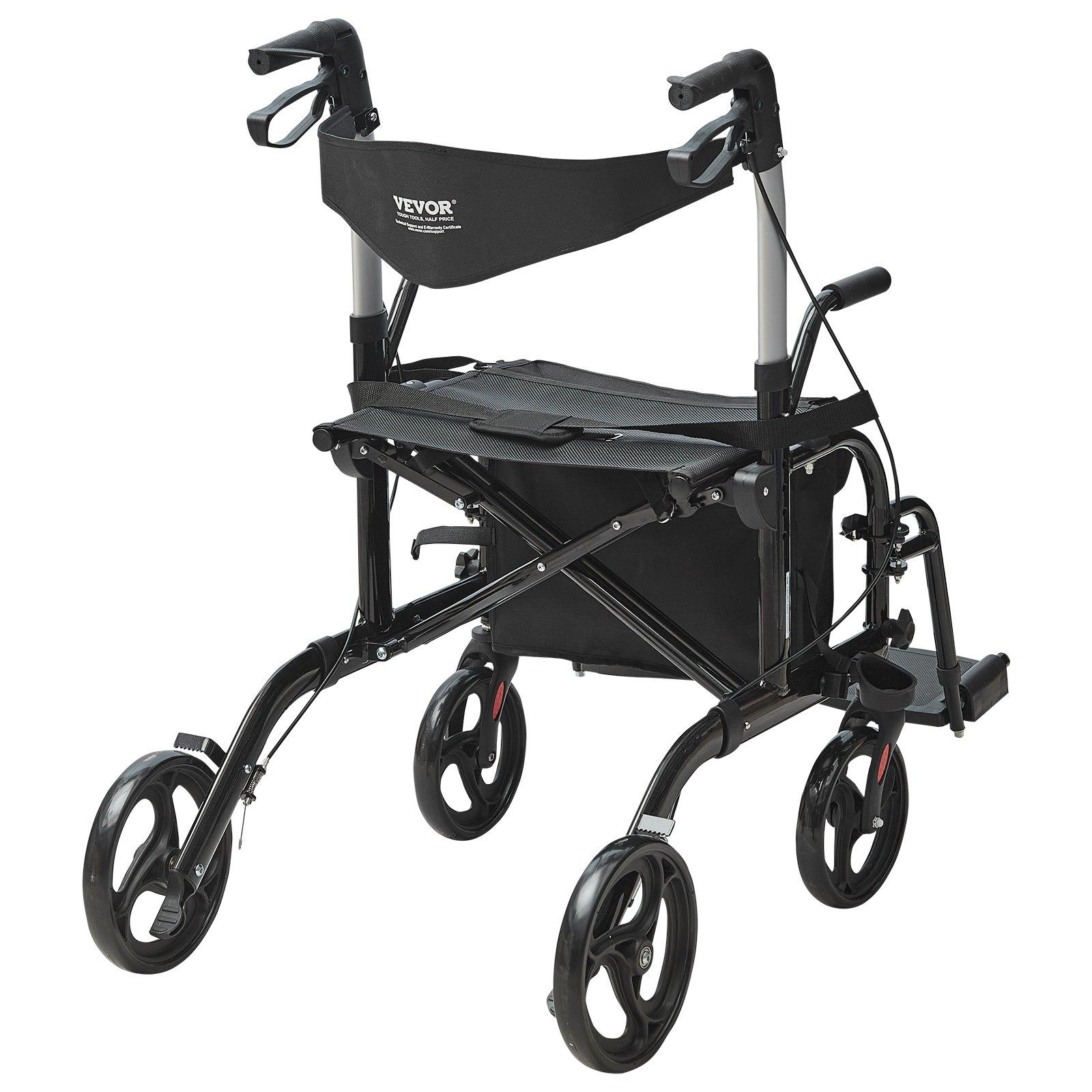 VEVOR 2 in 1 Rollator Walker & Transport Chair for Seniors, Folding Rolling Walker Wheelchair Combo & Footrests, Lightweight Aluminum Mobility Walker with Adjustable Handle, All Terrain Wheels, 300LBS